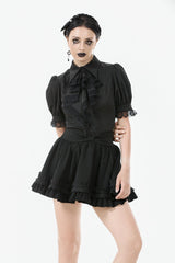 Black Point Lapel Collar Short Puff Sleeves Women's Gothic Blouse with Removable Rosette Cravat - Black - 1