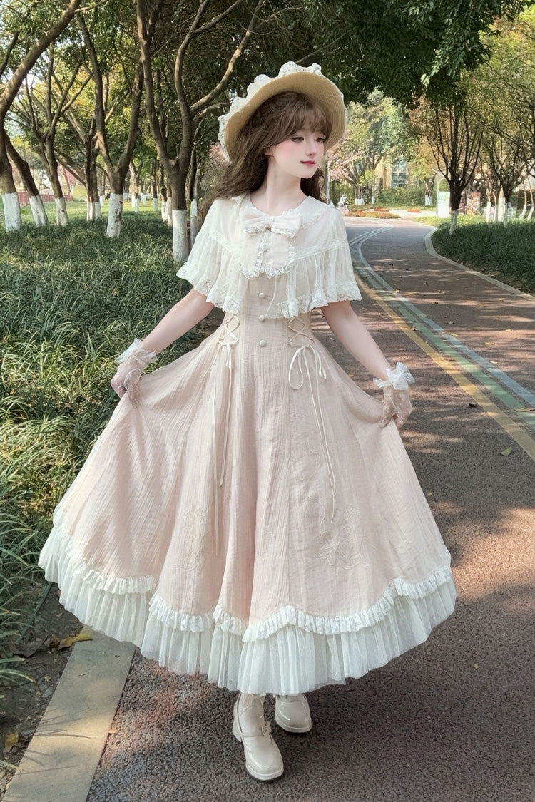 Pink [Wind Chime] Ruffled Embroidered Bow Lace Lace-Up Sweet Lolita Dress - Product - 3