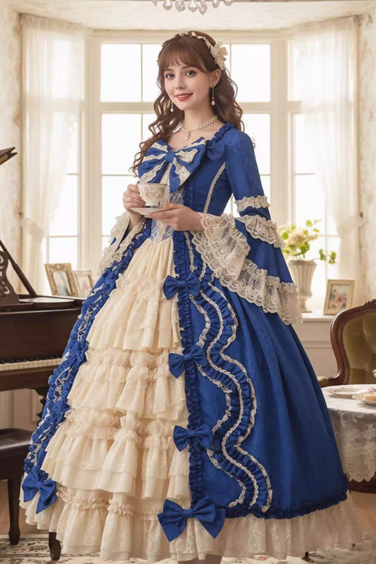 Sweet Long Sleeves Multi-Layered Ruffled Open-Front Bow Lace Princess Lolita Victorian Dress 5 Colors - Product - 7