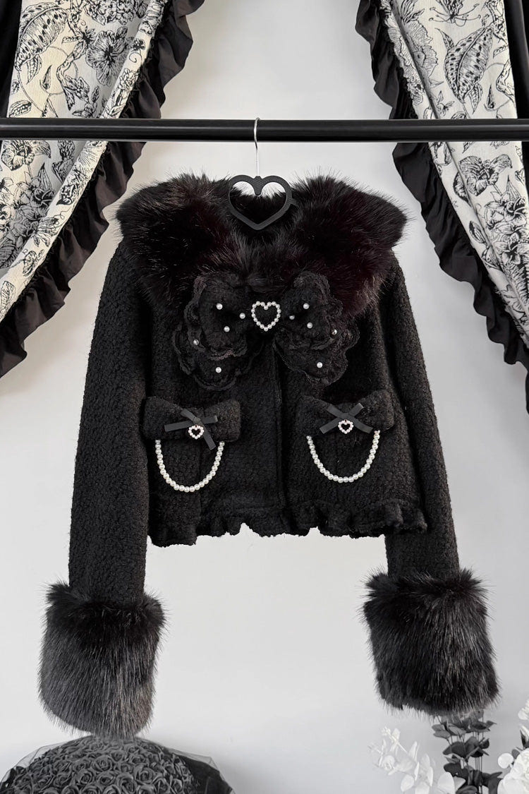Black Long Sleeves Bow Sheep Wool Gothic Jirai Kei Japanese Short Coat - Product - 3