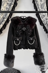 Black Long Sleeves Bow Sheep Wool Gothic Jirai Kei Japanese Short Coat - Product - 3