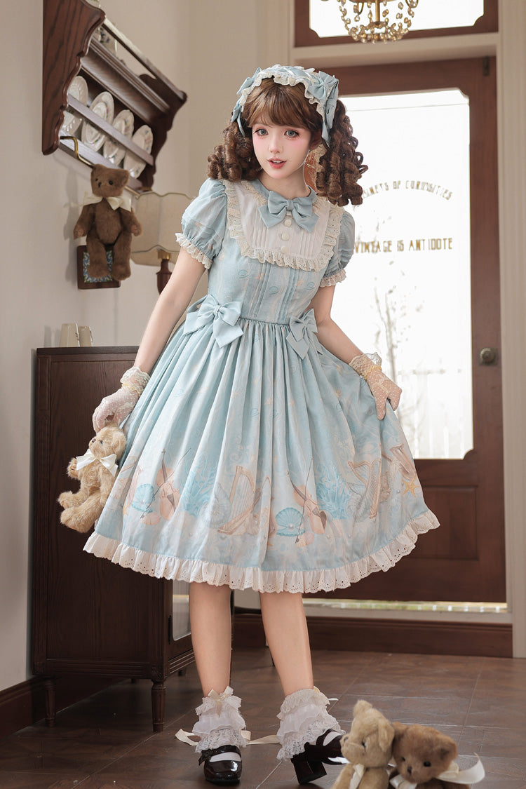 Blue [Underwater Concert] Round Collar Short Sleeves Printed Ruffled Bow Sweet Lolita Dress - Product - 4