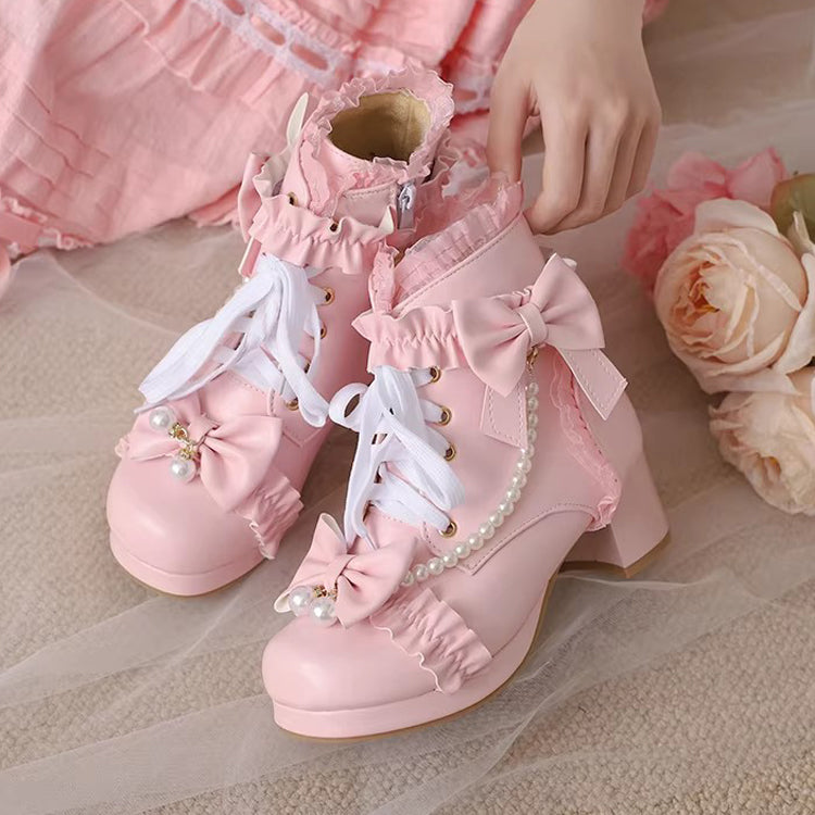 Sweet Ruffled Bow Pearl-Decorated Lolita Ankle Boots 3 Colors - Pink - 4