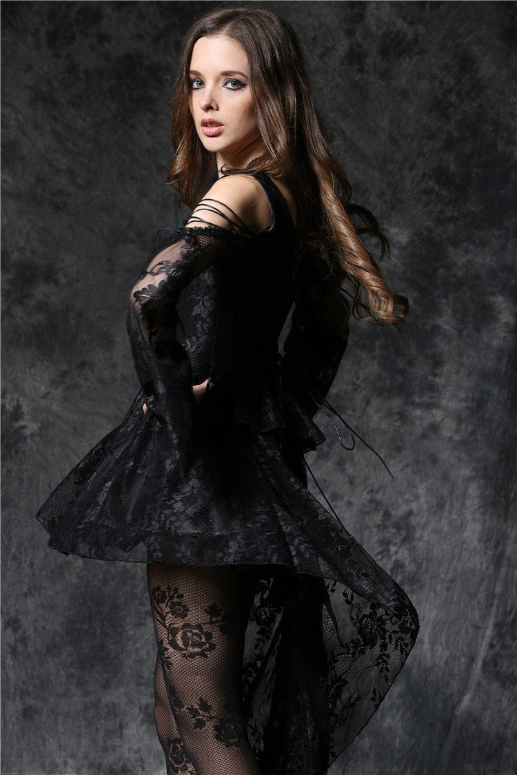 Black Square Collar Long Sleeves Overlay Embroidered Lace Women's Gothic Dress - Product - 2
