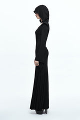 Black Sexy Stretchy Hooded Knitted Flared Sleeves Fishtail Womens Gothic Dress - Product - 3