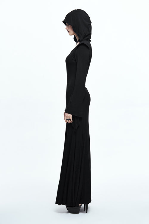 Black Sexy Stretchy Hooded Knitted Flared Sleeves Fishtail Womens Gothic Dress - Product - 3
