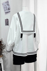 Black/White [Old Stories] Navy Collar Long Sleeves Bowknot Ouji Gothic Lolita Blouse Shorts Set - Product - 13