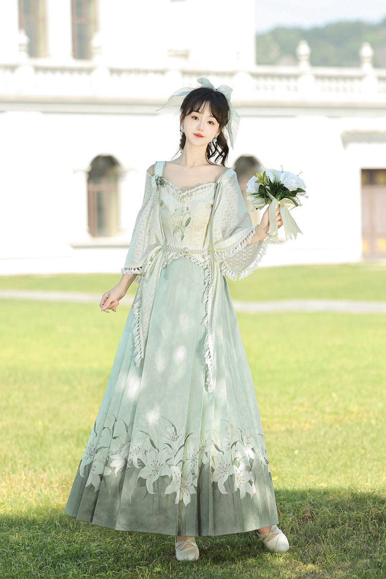 Green High Waisted Print Embroidery Women's Daily Sweet Hanfu Dress Full Set - Product - 2