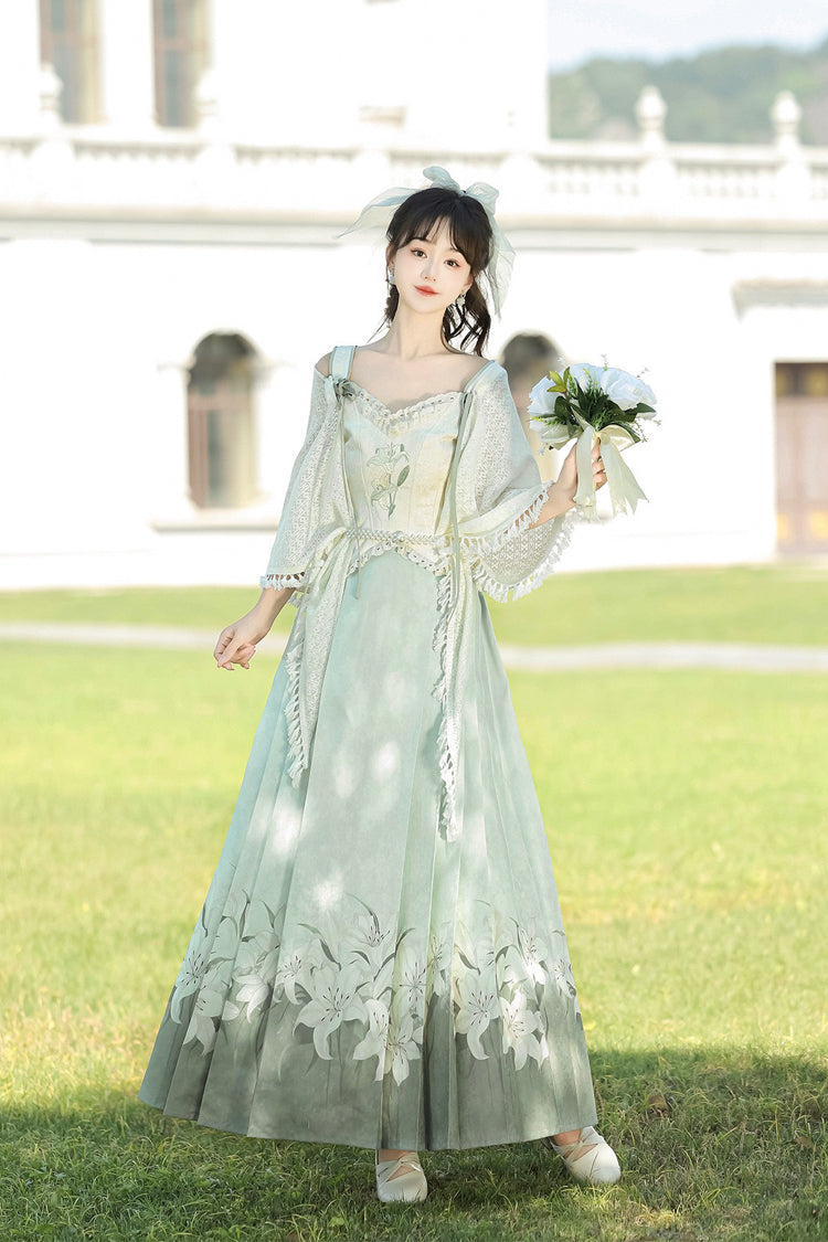 Green High Waisted Print Embroidery Women's Daily Sweet Hanfu Dress Full Set - Product - 2