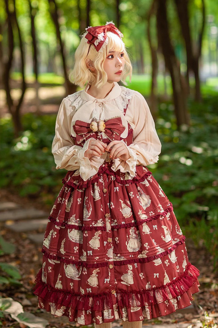 Miss Rabbit Dance Print Multi-layer Ruffle Sweet Elegant Lolita Jsk Dress 4 Colors - Product - 10