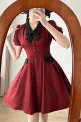 Red [Forest Boulotty] Lapel Collar Short Sleeves Heart-Shaped Polka Dot Printed Bow Sweet Lolita Dress - Product - 4