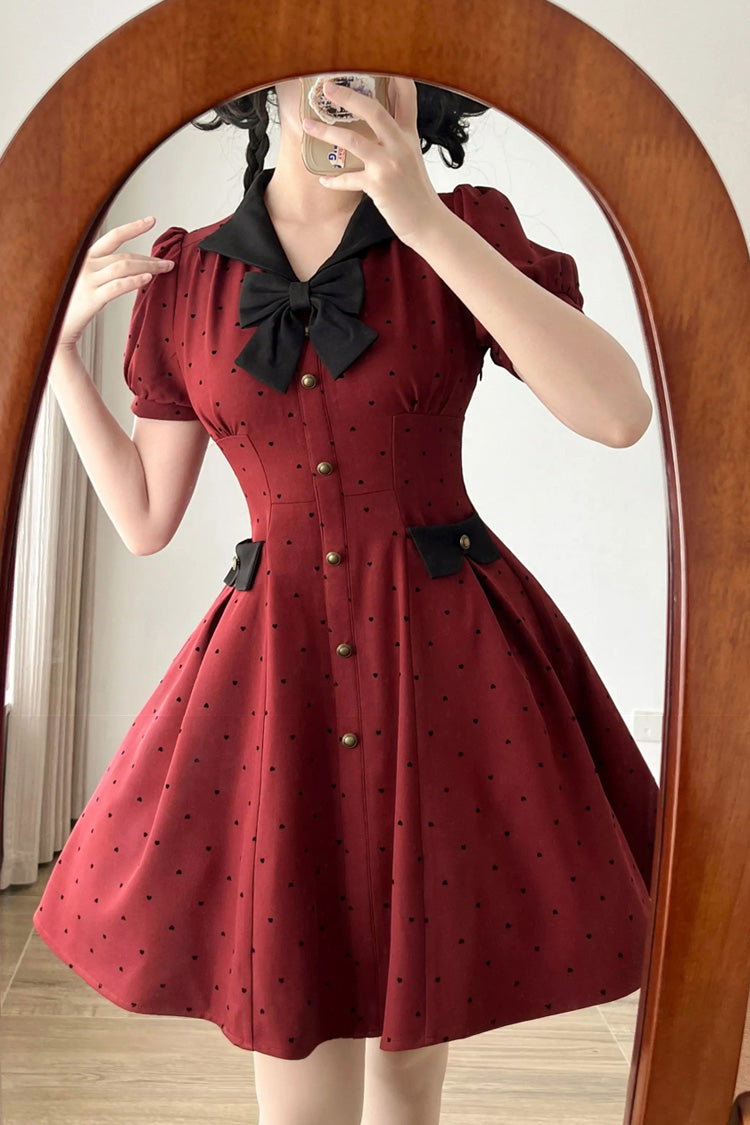 Red [Forest Boulotty] Lapel Collar Short Sleeves Heart-Shaped Polka Dot Printed Bow Sweet Lolita Dress - Product - 4