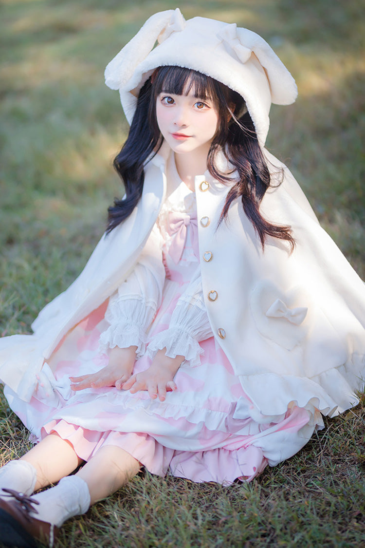 White Plush Bunny Ears Bowknot Buttons Princess Sweet Lolita Cloak Coat - White - 1