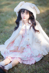 White Plush Bunny Ears Bowknot Buttons Princess Sweet Lolita Cloak Coat - White - 1