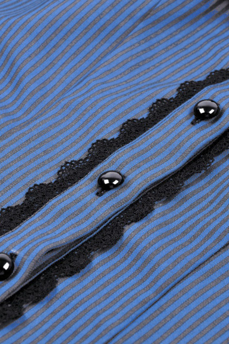 Blue/Black Striped Bow Ruffled Stand Collar Lace Jabot Short Puff Sleeves Front Button‑Up Women's Gothic Blouse - Product - 15