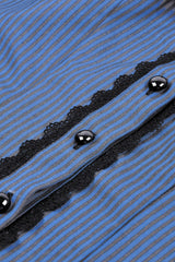 Blue/Black Striped Bow Ruffled Stand Collar Lace Jabot Short Puff Sleeves Front Button‑Up Women's Gothic Blouse - Product - 15