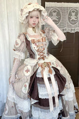 Brown [Baker Street Tea Party] Short Sleeves High Waisted Print Ruffle Embroidery Cardigan Bowknot Lace-Up Classic Vintage Princess Lolita Dress - Product - 7