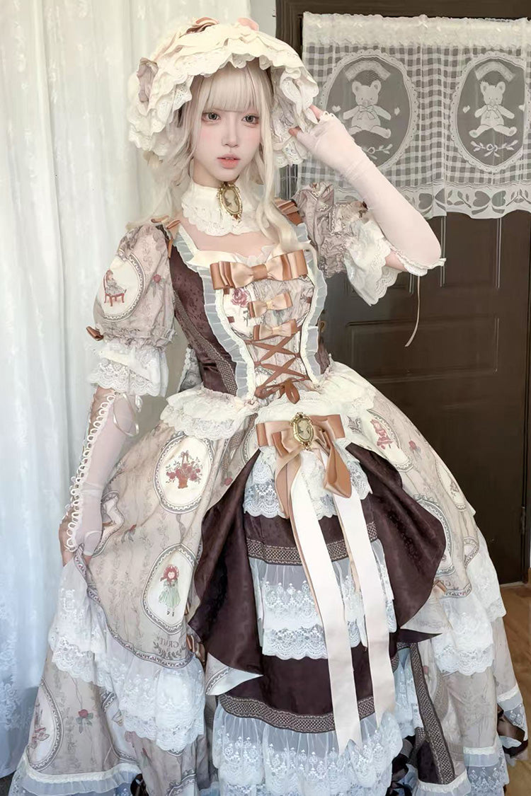 Brown [Baker Street Tea Party] Short Sleeves High Waisted Print Ruffle Embroidery Cardigan Bowknot Lace-Up Classic Vintage Princess Lolita Dress - Product - 7