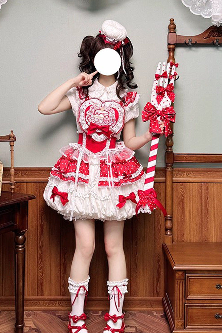 Red/White [Twin Bears] Birthday Cake Sleeveless Print Ruffle Bowknot Lace Sweet Lolita Big Flower Bud Dress - Product - 2