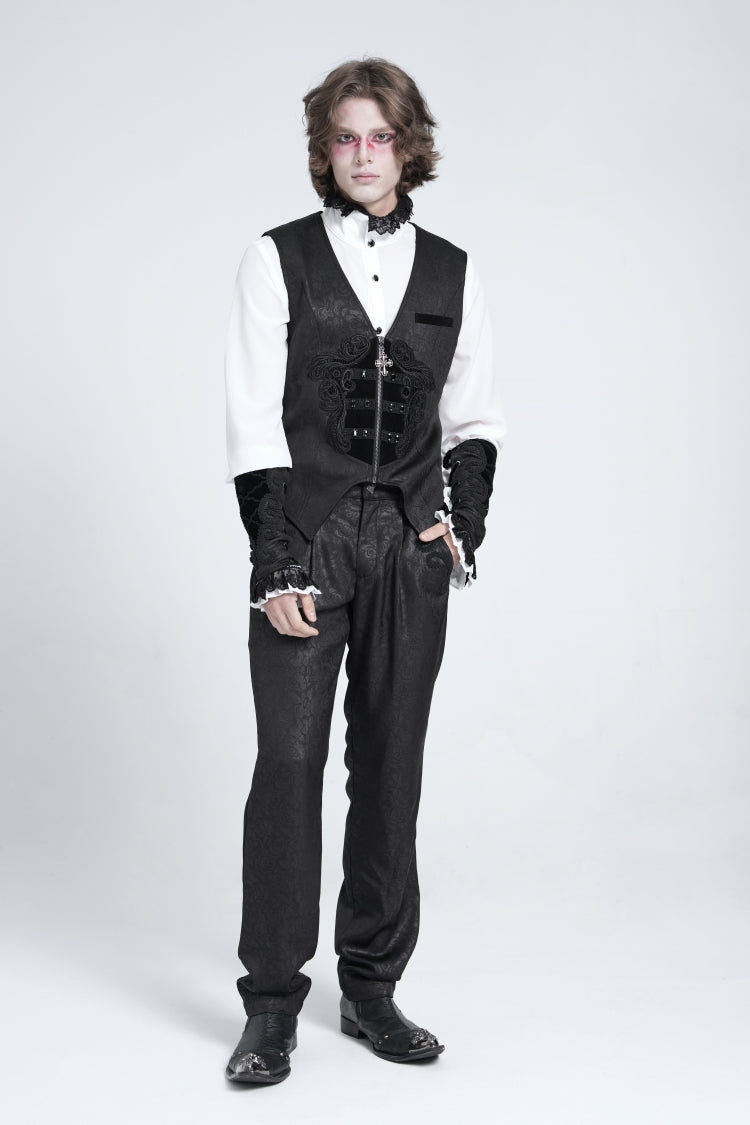 Black Sleeveless Floral Embroidery Stitching Velvet Men's Gothic Vest - Product - 9