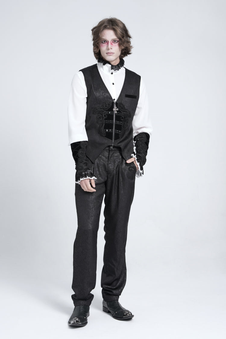 Black Sleeveless Floral Embroidery Stitching Velvet Men's Gothic Vest - Product - 9