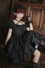 Black Thorn Rose Short Sleeves Multi-layer Ruffle Bowknot Gothic Princess Lolita Dress - Product - 7