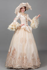 Champagne Court Style High Waisted Long Sleeves Floral Decorative Print Victorian Lolita Prom Dress - Product - 4