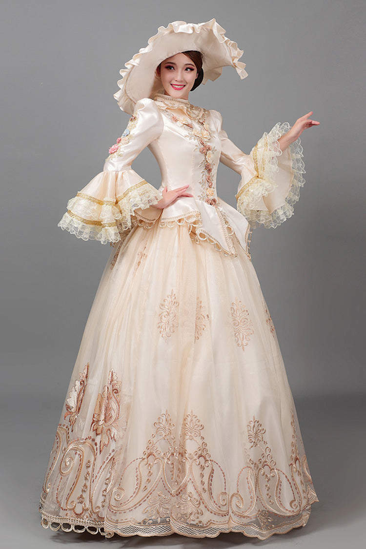 Champagne Court Style High Waisted Long Sleeves Floral Decorative Print Victorian Lolita Prom Dress - Product - 4