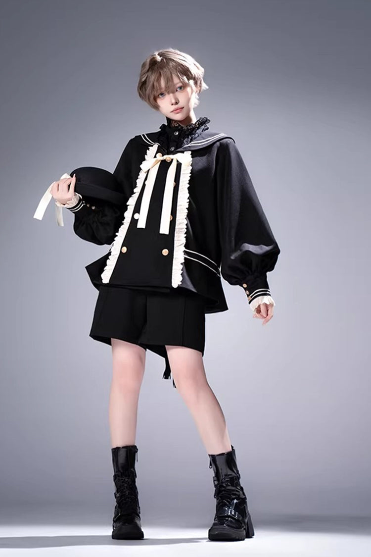 Black [City of Mist] Navy Collar Long Sleeves Gothic College Style Prince Ouji Lolita Shorts Coat Set - Product - 12