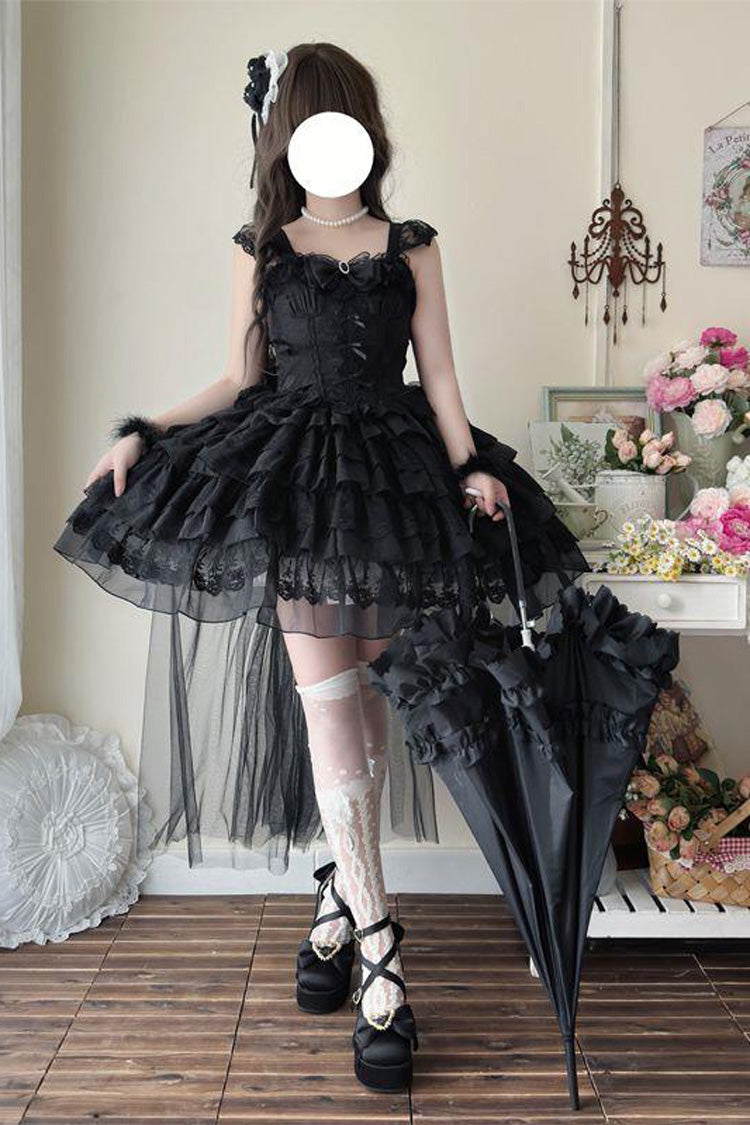 Black [From Broken Wings to Rebirth] Sleeveless Multi-Layered Ruffle Bowknot Lace-Up Gothic Ballet Lolita Jsk Dress - Product - 6