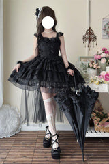 Black [From Broken Wings to Rebirth] Sleeveless Multi-Layered Ruffle Bowknot Lace-Up Gothic Ballet Lolita Jsk Dress - Product - 6