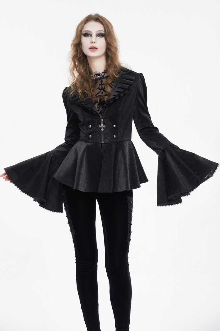 Black Ruffled Collar Flared Sleeved Women's Gothic Jacket - Product - 3