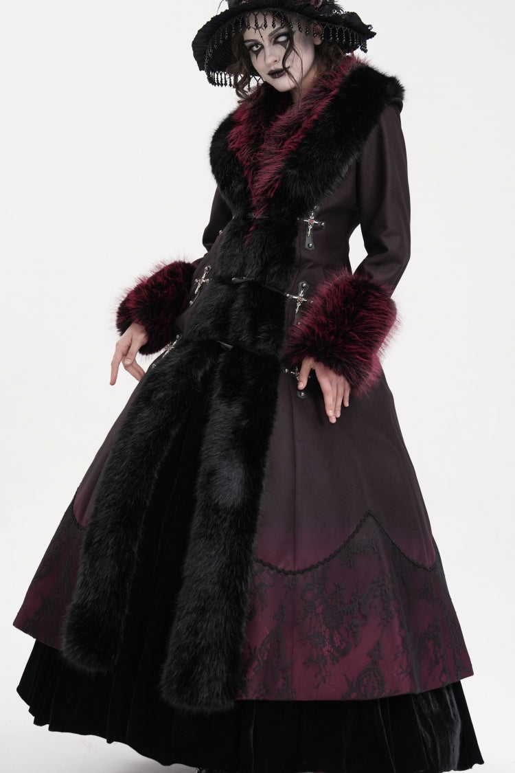 Black/Red Cross Long Sleeves Lace Women's Gothic Long Coat - Product - 10