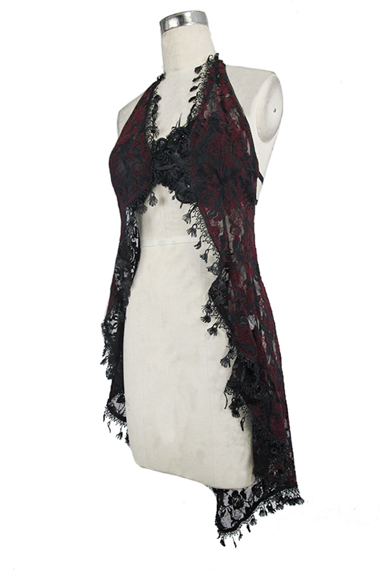 Red Frilly Tassel Hem Halter Lace Women's Gothic T-Shirt - Product - 9