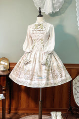 [Iris Study] Square Collar Print Bowknot Lace-Up Sweet Lolita Jumper Dress 2 Colors - Product - 13