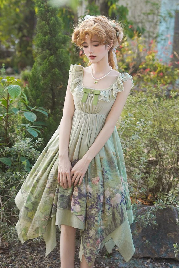 Green [Blooming Roses] Print Oil Painting Chiffon Ruffle Bowknot Irregular Sweet Lolita Jsk Dress - Product - 2