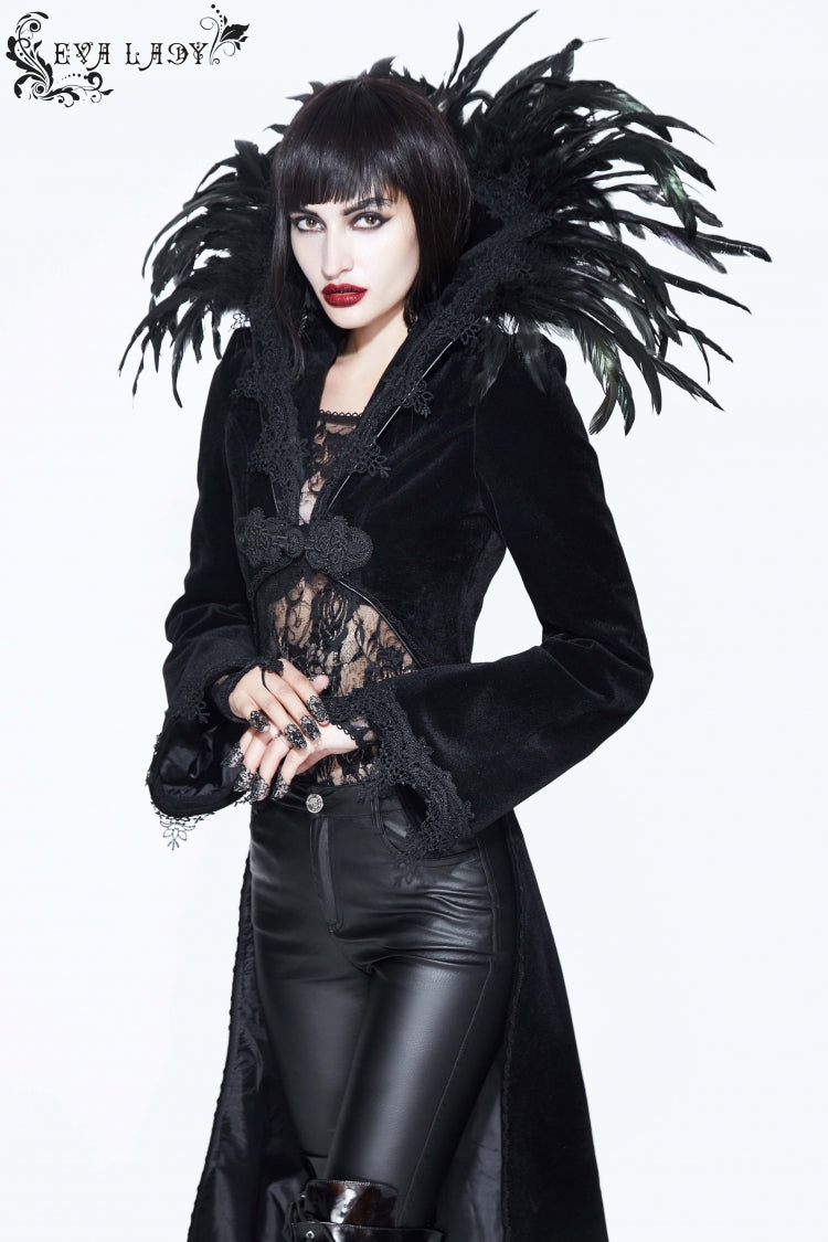 Black Feathered Collar Long Sleeves Bowknot Women's Gothic Tailcoat - Product - 10