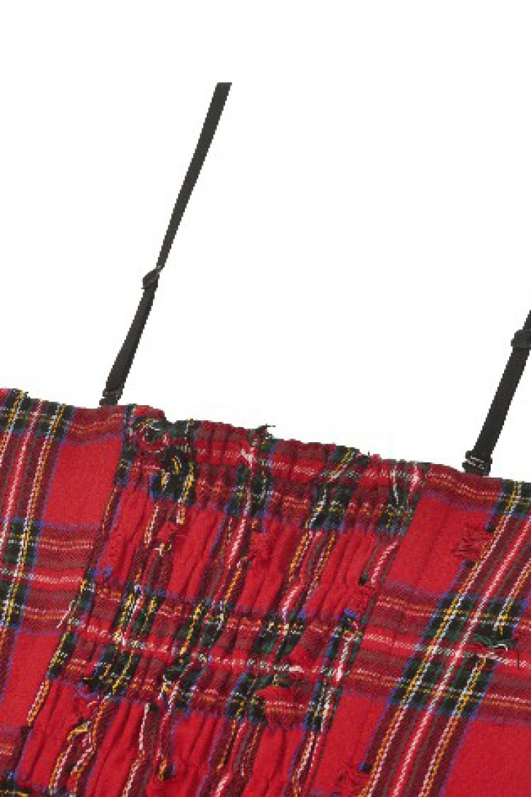 Red Buckled Frayed Asymmetric Hem Women's Punk Grunge Plaid Mini Slip Dress - Product - 25