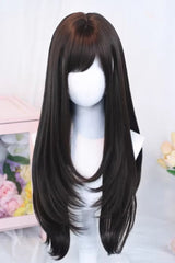 Black Tea Brown Side-Swept Bangs Long Straight Sweet Japanese Lolita Wig - Black-Tea-Brown - 1