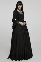 Black Square Collar Long Trumpet Sleeves Rose Print Lace Women's Gothic Elegant Dress - Product - 4