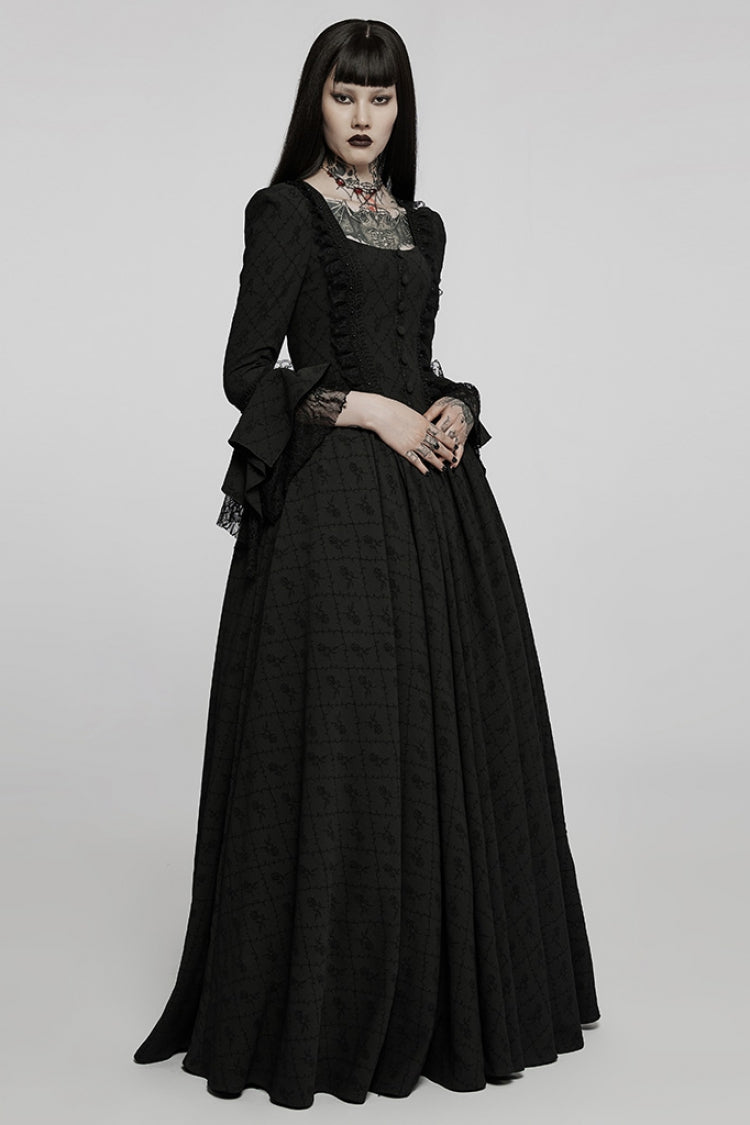 Black Square Collar Long Trumpet Sleeves Rose Print Lace Women's Gothic Elegant Dress - Product - 4
