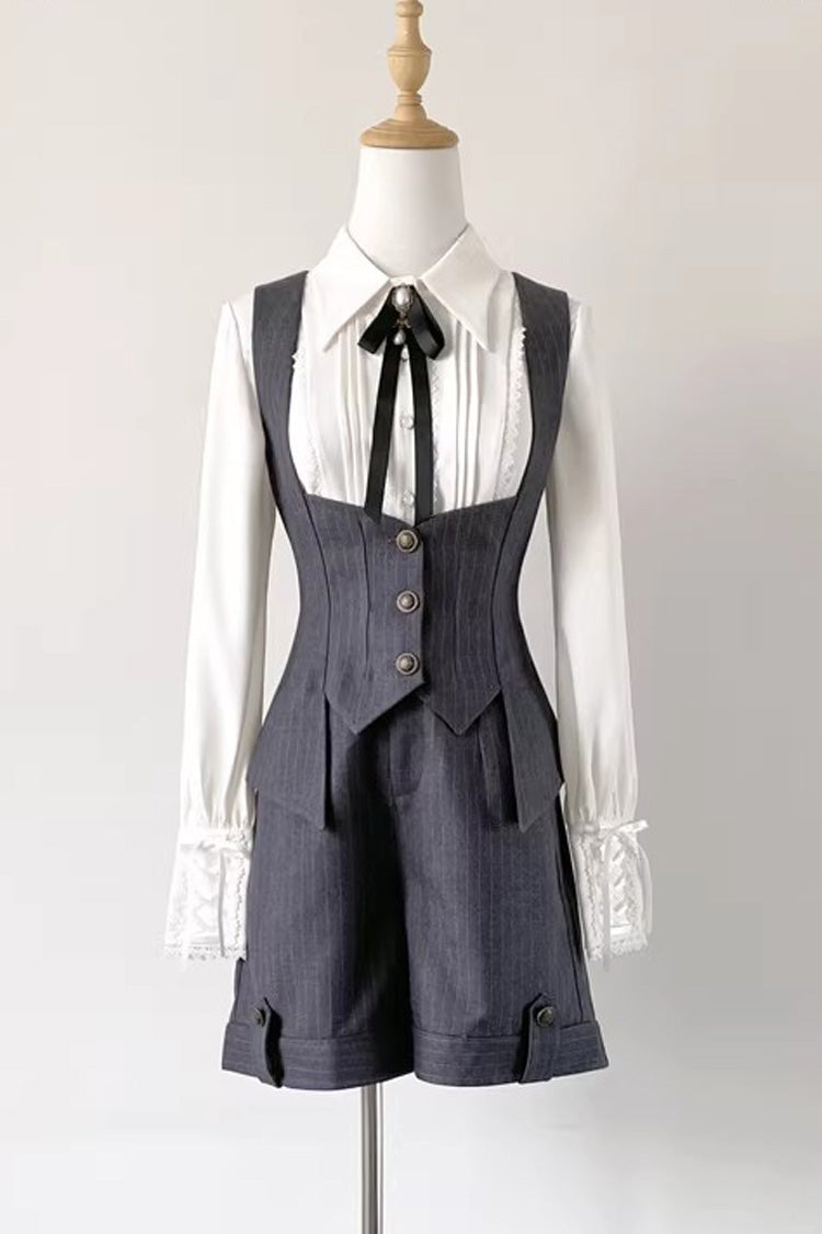 Grey [Griffin’s Pact] Bust Support Striped Printed Gothic Ouji Lolita Shorts Vest Set - Grey (Set) - 1