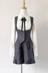 Grey [Griffin’s Pact] Bust Support Striped Printed Gothic Ouji Lolita Shorts Vest Set - Grey (Set) - 1