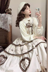 Ivory [Lovely Heart] Triple-Layered Ruffle Embroidery Bowknot Sweet Elegant Lolita Skirt - Product - 5