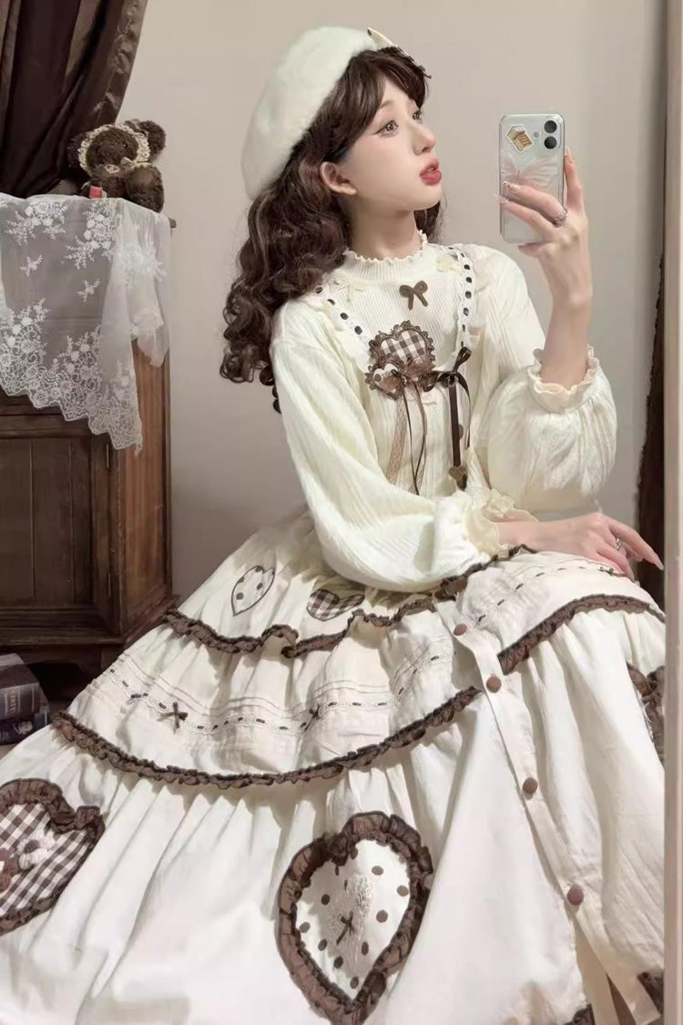Ivory [Lovely Heart] Triple-Layered Ruffle Embroidery Bowknot Sweet Elegant Lolita Skirt - Product - 5