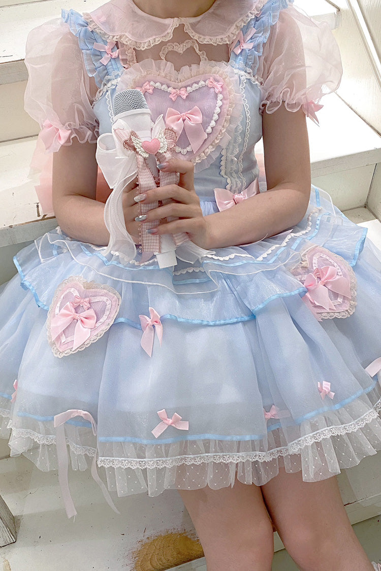 Blue/Pink Multi-layer Love Ruffle Bowknot Lace Sweet Lolita Jsk Dress - Product - 4