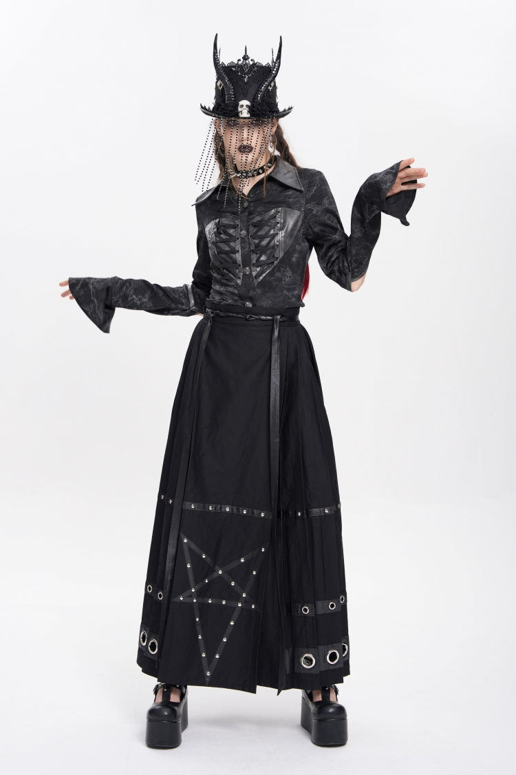 Black Eyelets Rivets Pentacle Horse-face Women's Punk Skirt - Product - 11
