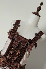 Brown [Teddy Bear Chocolate] Sleeveless Print Ruffle Side Cardigan Bowknot Asymmetric Sweet Lolita Strap Dress - Product - 12