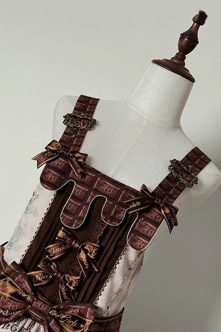 Brown [Teddy Bear Chocolate] Sleeveless Print Ruffle Side Cardigan Bowknot Asymmetric Sweet Lolita Strap Dress - Product - 12