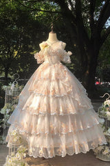 Apricot [Diana's Flowers] Sleeveless Multi-Layered Ruffle Hanayome Bowknot Lace Sweet Gorgeous Lolita Jsk Dress - Apricot - 1